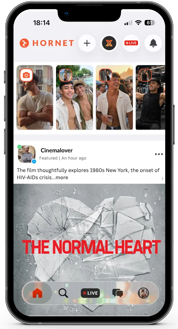 The Hornet feed on a phone, showing Stories and a featured post